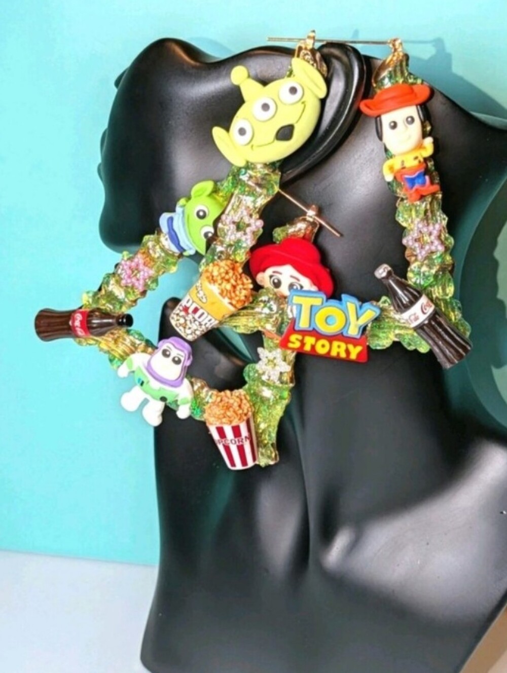 Hand Crafted Toy Story Character Dangle Earrings in Green, Red, Yellow